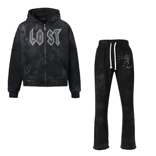 Lost Intricacy Black Splatter Rhinestone Zip Up SweatSet
